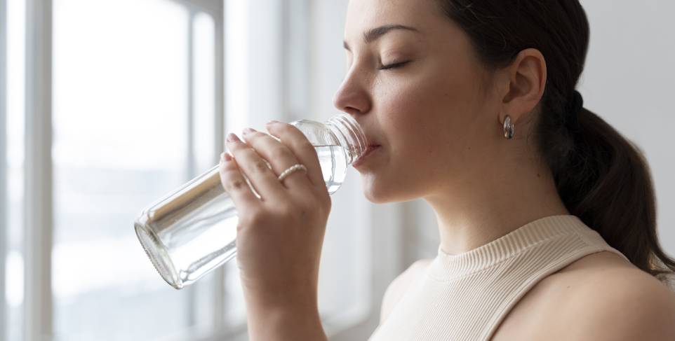 no beber suficiente agua, deshidratación, mujer bebiendo agua, piel, colágeno